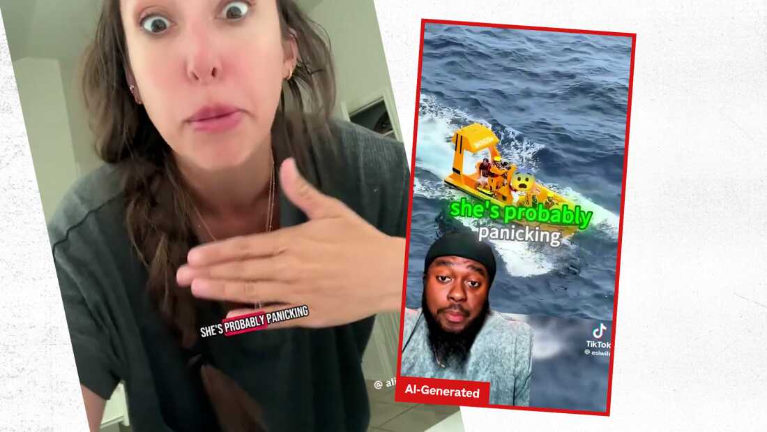 La captura de pantalla de la izquierda es de un video original de Tiktok. Muestra a una mujer haciendo un gesto con una de sus manos, y las palabras