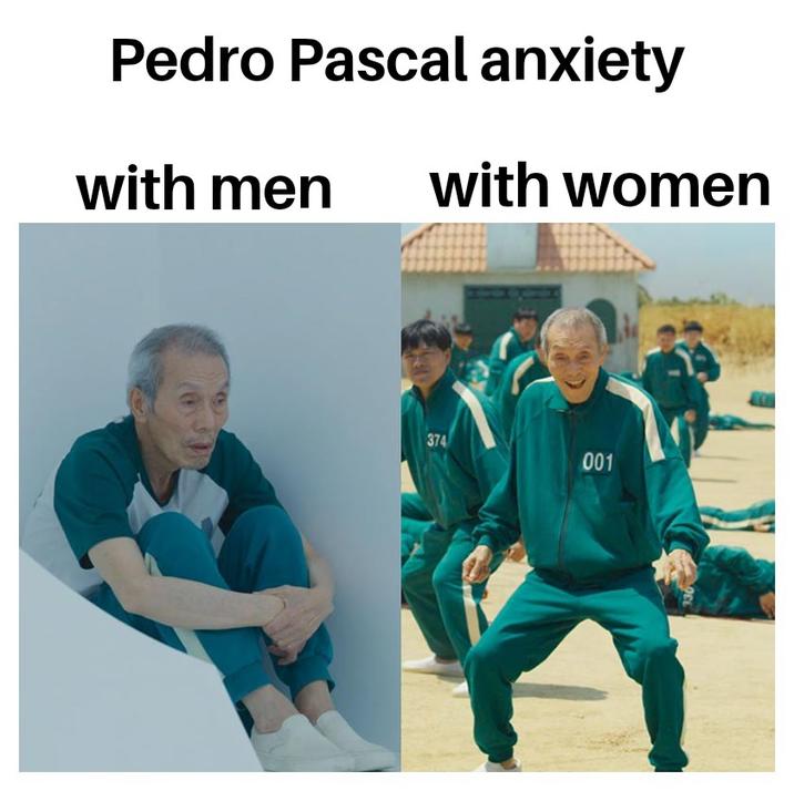 Con hombres y mujeres Un meme de Pedro Pascal sobre él tiene ansiedad usando un formato de juego _squid.