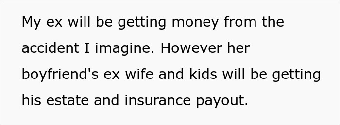 Extracto de mensajes de texto sobre ex recibiendo dinero del accidente, la ex esposa e hijos de novio recibiendo el pago de la propiedad y el seguro.