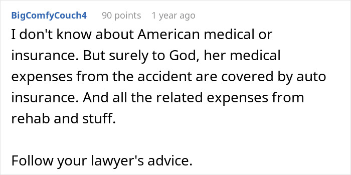 Comentario de Reddit discutiendo los gastos médicos y de rehabilitación cubiertos por el seguro de automóvil después de que el accidente en la esposa deja la historia de la pareja.