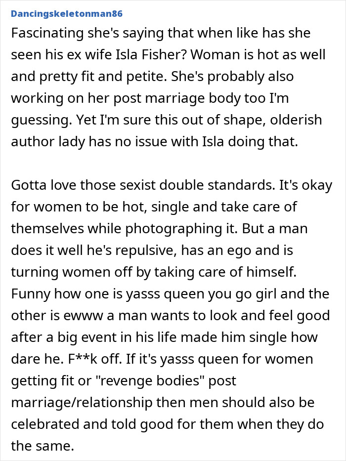 Los comentaristas debaten el doble rasero sexista después de que el columnista llama al cuerpo de Marvel de Sacha Baron Cohen repelente a las mujeres en línea.