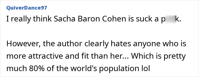 Captura de pantalla de un comentario en línea criticando a un columnista después de llamar repelente al cuerpo de Marvel de Sacha Baron Cohen a las mujeres.