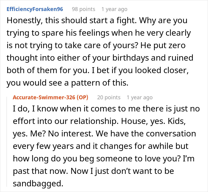 Conversación de Reddit sobre la sorpresa de cumpleaños de un esposo que causa problemas matrimoniales que conducen a la terapia después de 19 años.