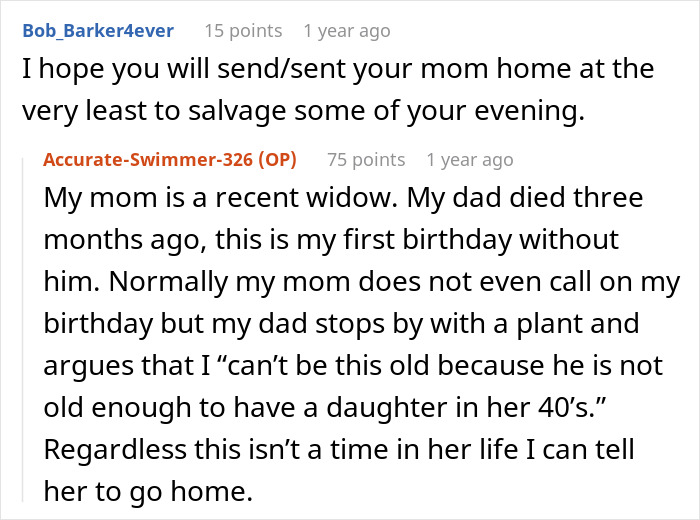 Captura de pantalla de un foro en línea que discute la sorpresa de cumpleaños de un esposo para la esposa que conduce a la terapia matrimonial después de 19 años.