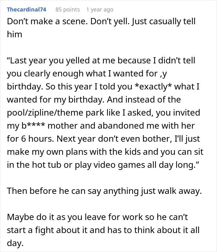 Texto de comentarios sobre la sorpresa de cumpleaños de un esposo que causó dificultades matrimoniales y condujo a terapia después de muchos años.