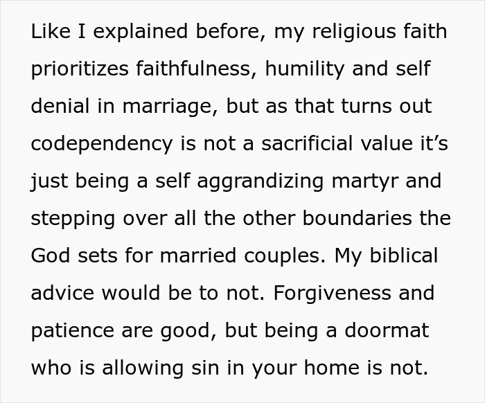 Extracto de texto que discute la fe religiosa, la codependencia y los límites del matrimonio en el contexto de la sorpresa y la terapia de cumpleaños del esposo.
