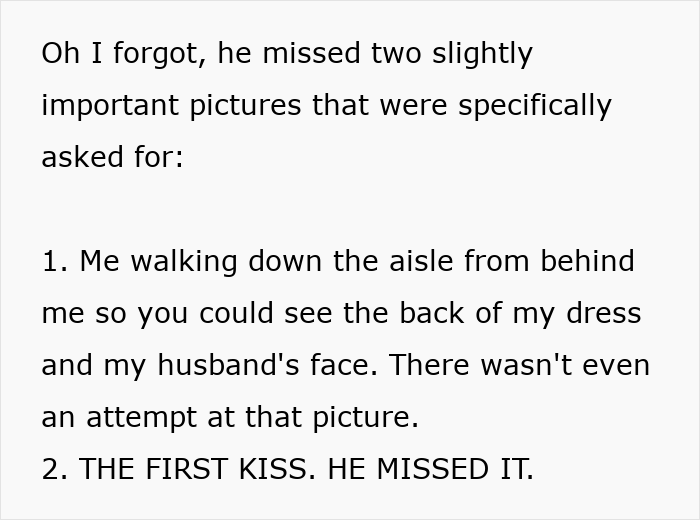 Extracto de texto destacando la queja de una novia sobre un fotógrafo de bodas de $ 3k que faltan tomas clave como el primer beso.