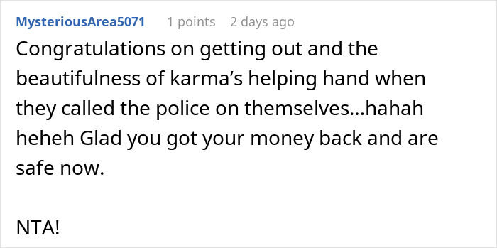 Reddit comenta alabando a Karma y a la participación de la policía después de que los compañeros de cuarto se niegan a regresar AC y ser arrestados para actividades ilegales.