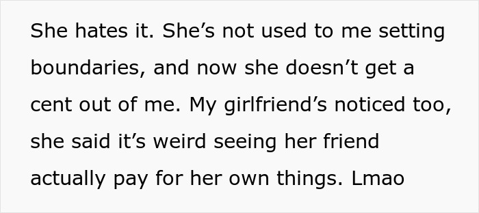 Extracto de texto sobre establecer límites como la mujer no puede usar el novio de un amigo como cajero automático después de que se canse de que lo llamen roto.