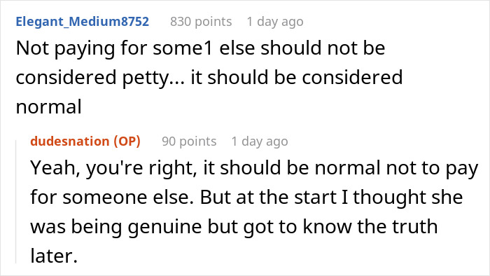 Captura de pantalla de una conversación de Reddit sobre una mujer que no usa al novio de un amigo como cajero automático y límites financieros.
