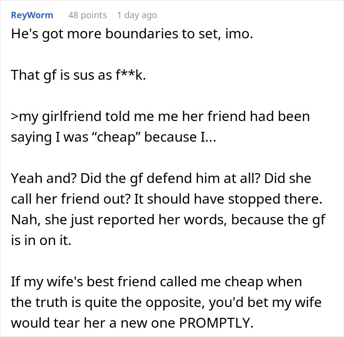 Comente discutir los límites y una mujer que usa al novio de su amiga como cajero automático, con problemas de confianza y lealtad.
