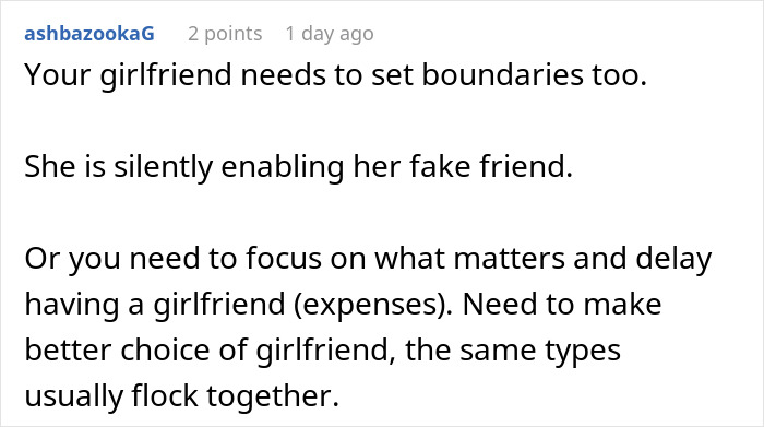 Comentario discutir los límites en las relaciones como mujer ya no puede usar el novio de un amigo como cajero automático debido a problemas de dinero.