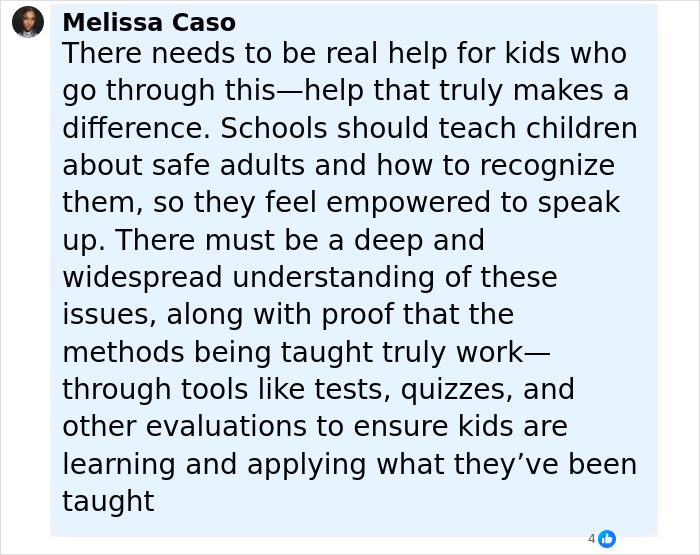 Comente de Melissa Caso discutiendo la necesidad de ayuda y educación reales para niños sobre adultos seguros y habilidades de reconocimiento.