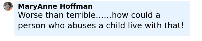 Comentario de Maryanne Hoffman expresando indignación sobre una persona que abusa de un niño en una discusión sobre acusaciones familiares y padre biológico.
