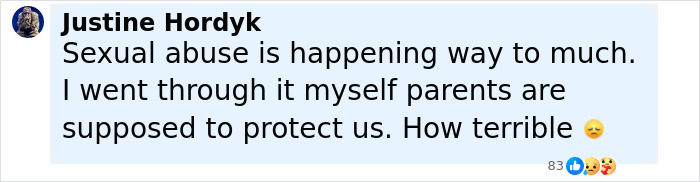 Comentario sobre la conciencia del abuso sexual publicada por Justine Hordyk, destacando las preocupaciones sobre la protección de los padres y el trauma.