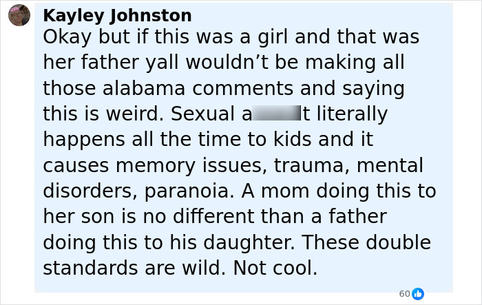 Comentario de Kayley Johnston discutiendo el trauma del abuso de los padres y el doble rasero relacionado con las acusaciones de traición familiar.