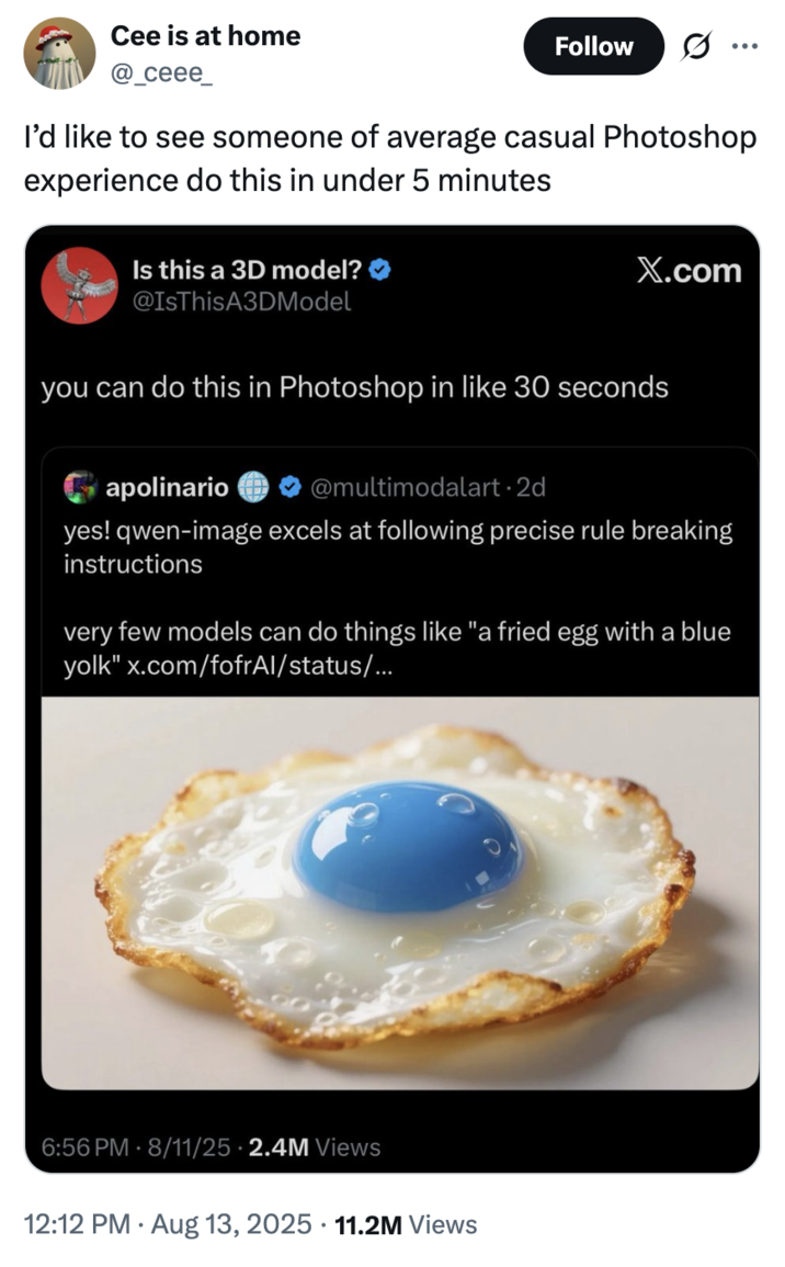 X usuario @_ceee_ citado @isthisa3dmodel's tweet afirma que el efecto de yema de huevo azul se puede lograr en Photoshop en menos de 30 segundos, escribiendo, 