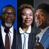 Imágenes de lado a lado del alcalde de Los Ángeles Karen Bass; El alcalde de Chicago Brandon Johnson; Oakland, California, la alcaldesa Barbara Lee; El alcalde de Baltimore, Brandon Scott; y el alcalde de la ciudad de Nueva York, Eric Adams.