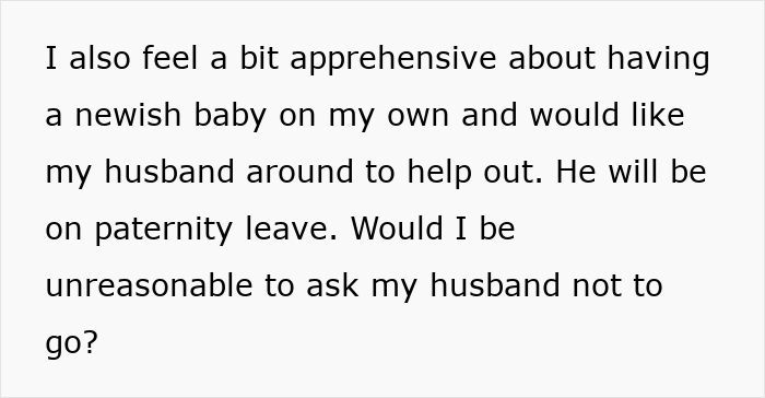 Envíe un mensaje de texto sobre un esposo sobre la licencia de paternidad y las preocupaciones sobre pedirle que no haga un viaje posparto.