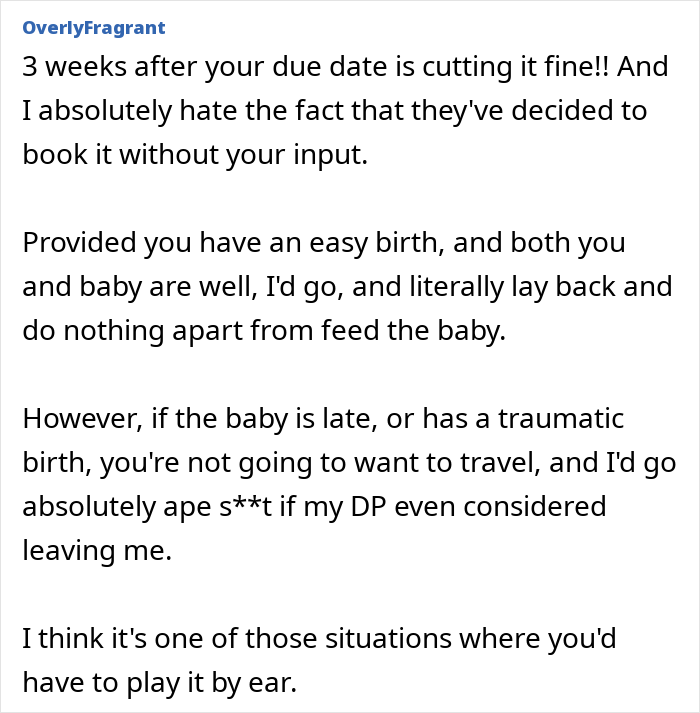 Texto alternativo: Publicación del foro en línea que discute las preocupaciones de viaje posparto y el manejo de planes de viaje con una esposa y un niño pequeño embarazada.