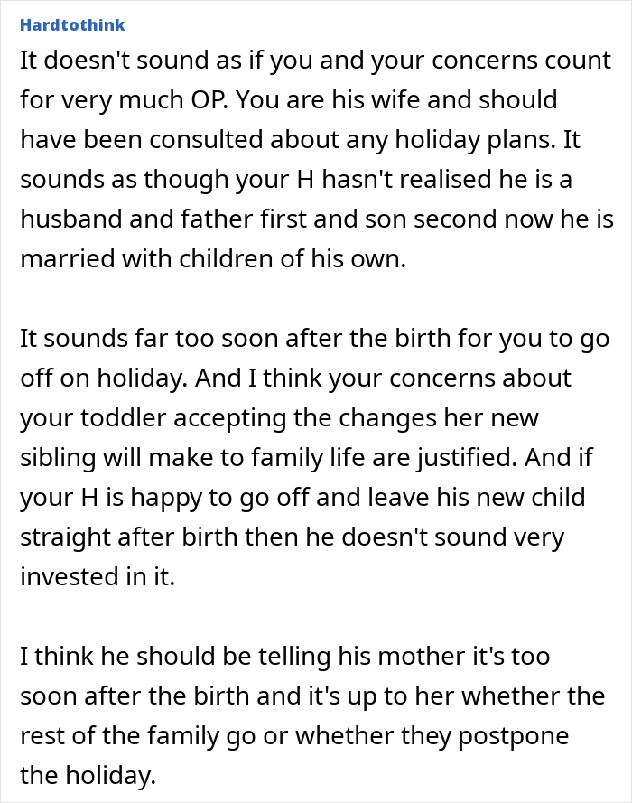 Comentario discutiendo a un chico que le dice a la esposa embarazada que irá con la niña de 2 años después de que ella rechaza los planes de viaje posparto.