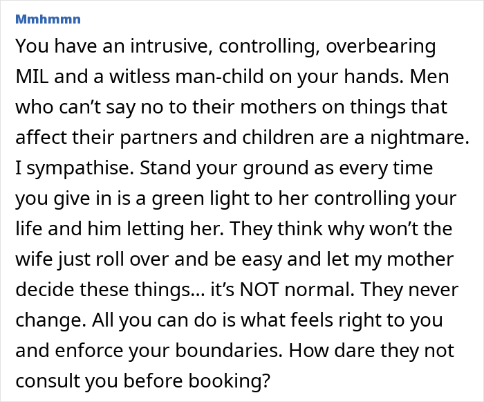 Comentario que expresa frustración sobre el control de las madres y los hombres que no pueden establecer límites en las decisiones de viaje posparto.
