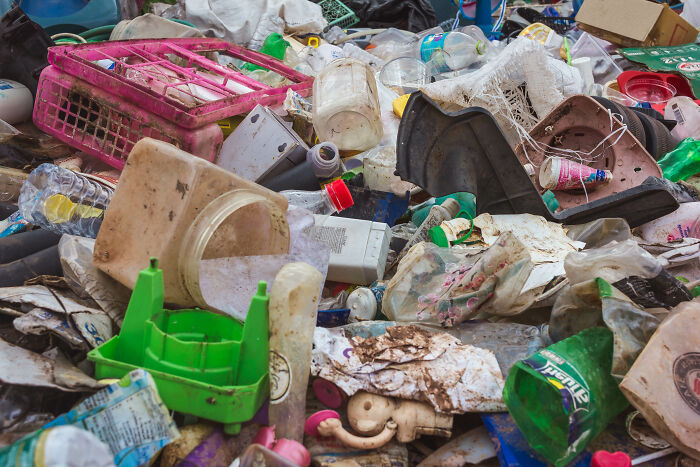 Pila de basura y desechos plásticos donde Doggo lesionado fue rescatado y amamantó a la salud por los internautas.