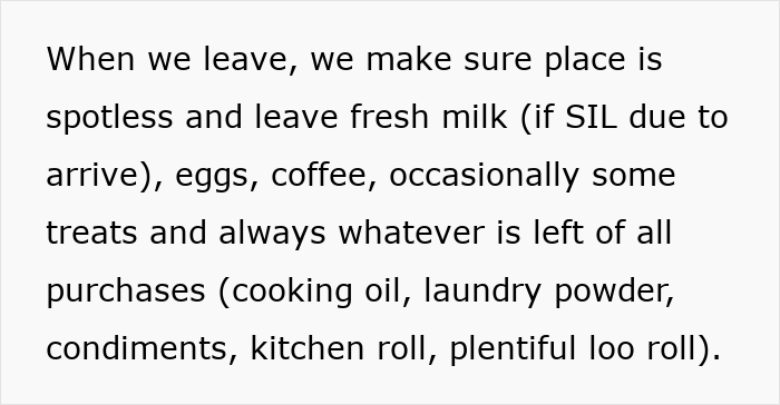 Extracto de texto sobre dejar leche fresca, huevos, café y suministros de alimentos Sugerencias de la mujer considera encerrar los alimentos de los suegros baratos.