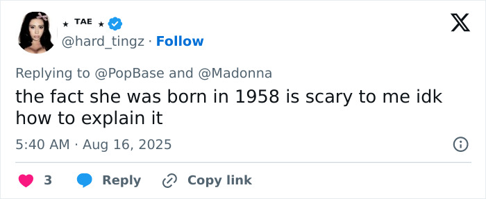 Tweet discutiendo a Madonna alcanzando la edad de jubilación y siguiendo el inesperado consejo de cambio cosmético de su novio.