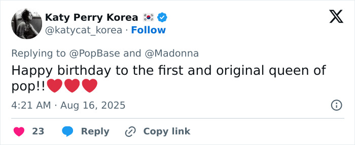 Tweet de Katy Perry Corea alabando a Madonna como reina del pop, relacionada con la edad de jubilación de Madonna y el consejo cosmético de novio.