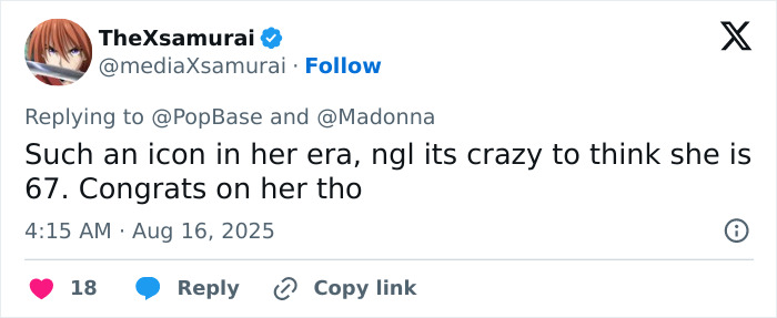 Captura de pantalla de un tweet alabando a Madonna como una figura icónica en la edad de jubilación después de los consejos de cambio cosmético de su novio.