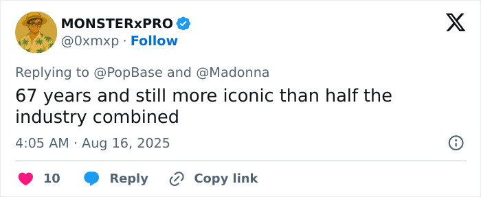 Tweet que muestra elogios para Madonna a los 67 años, descrito como más icónico que la mitad de la industria de la música combinada.