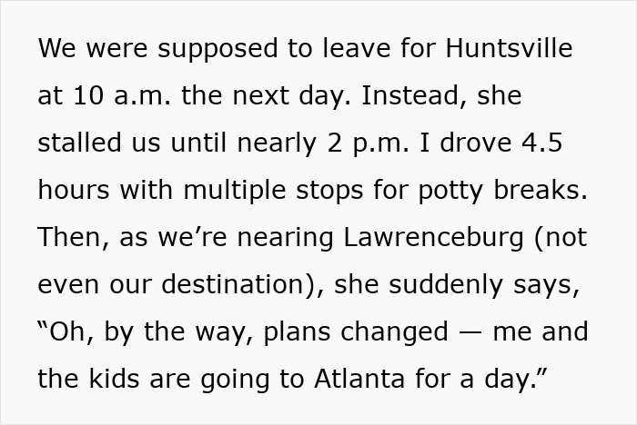 Extracto de texto que muestra a una hermana secuestrando un viaje por carretera y esperando niños mientras cambia los planes de viaje inesperadamente.