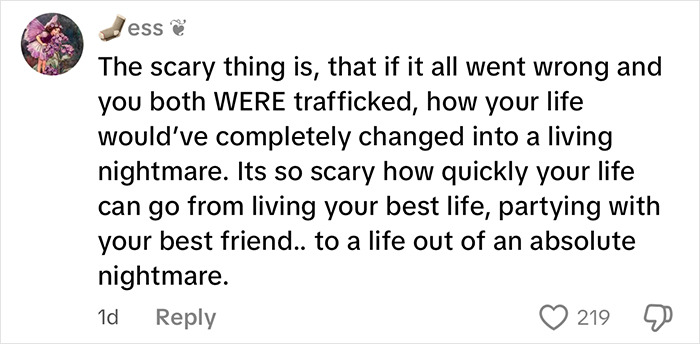 Captura de pantalla de un comentario de redes sociales que advierte sobre los peligros de la trata de vacaciones.