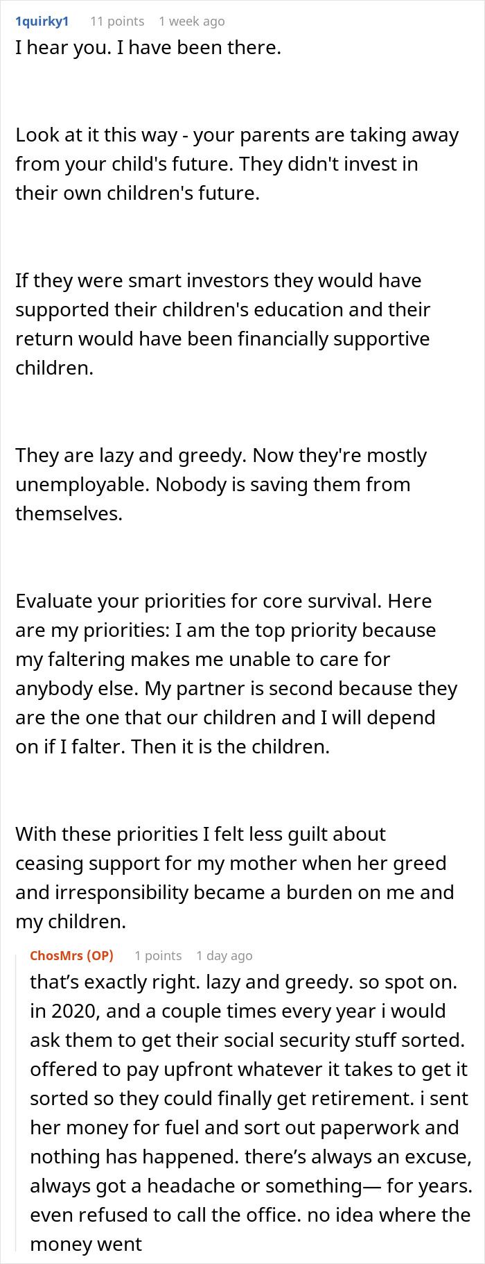 Los comentaristas que discuten a los padres mayores son perezosos y codiciosos después de desperdiciar ahorros y esperar el apoyo de la hija.