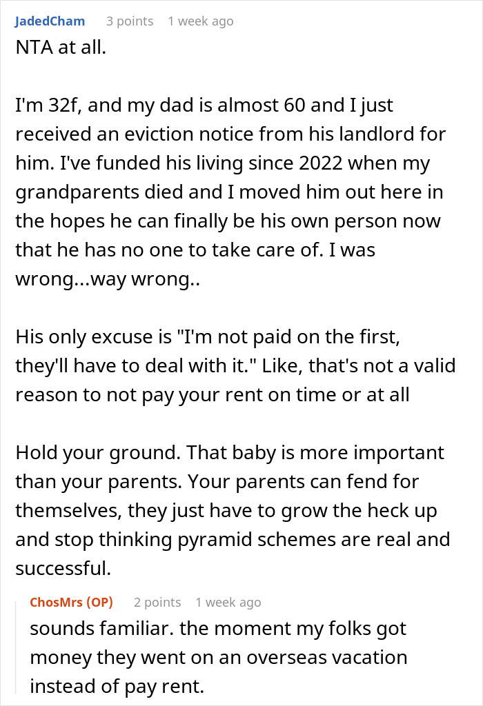 El usuario de Reddit explica que los padres mayores esperan que la hija los apoye después de desperdiciar ahorros en los tontos esquemas comerciales.