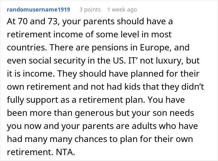 Comente sobre los padres de edad avanzada que esperan apoyo después de desperdiciar ahorros en malos planes de negocios y problemas de jubilación.