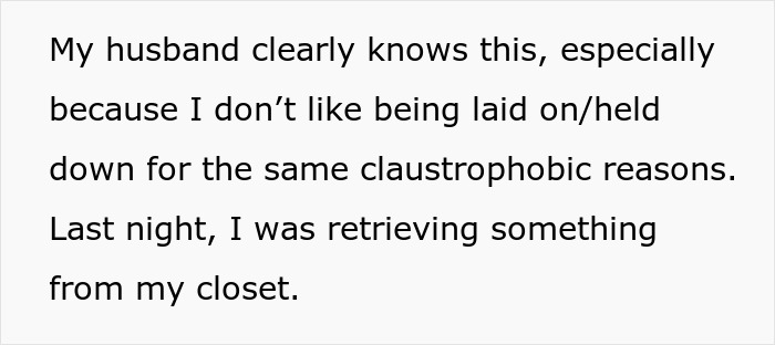 Extracto de texto que describe la reacción de una mujer claustrofóbica después de que la broma de su esposo va demasiado lejos en una anécdota personal.