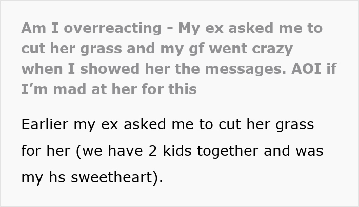 La captura de pantalla de conversación de texto que muestra a un hombre explica que el césped de su ex hizo que su novia fuera balística y se quejara en línea.