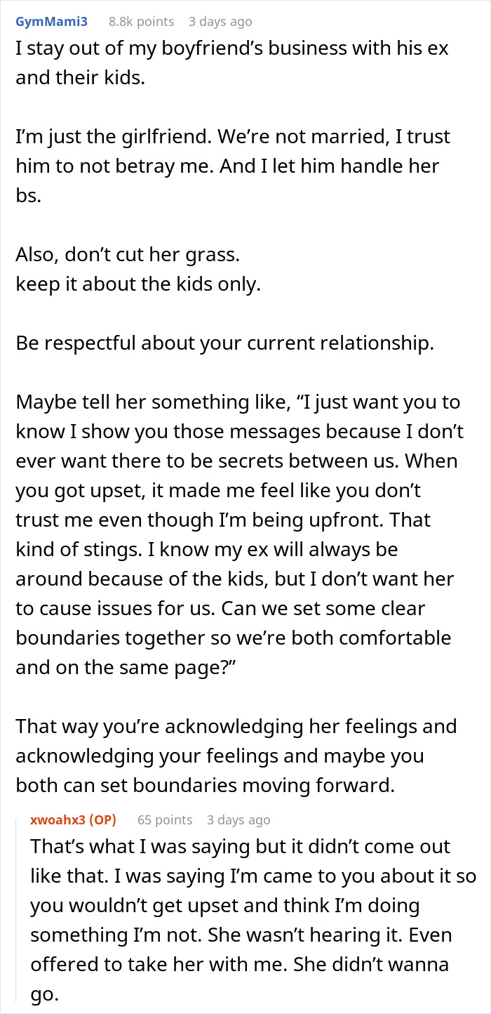 Discusión de Reddit sobre la mujer molesta por el novio cortando el césped de su ex y los límites de las relaciones en línea.