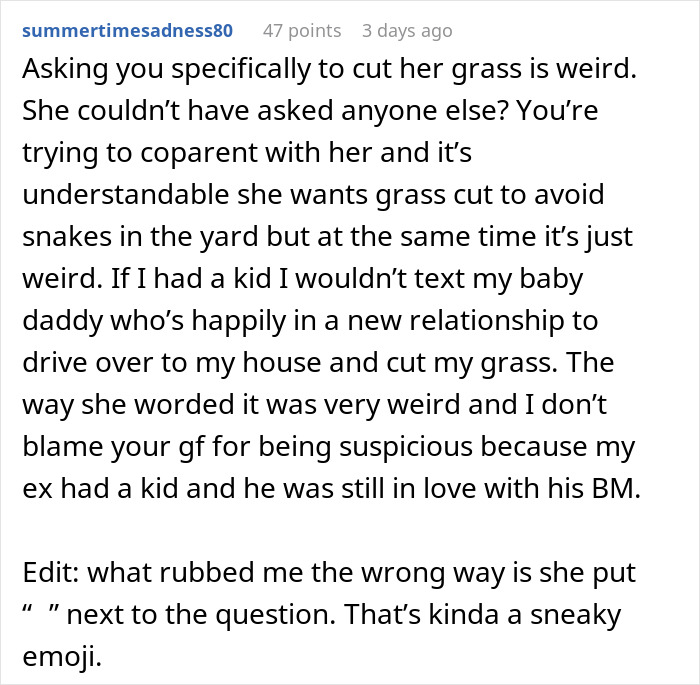 Publicación en línea de un usuario que habla sobre el novio que acepta cortar el césped de su ex y la mujer que se está volviendo balística al respecto.