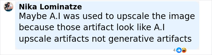Comentario de Nika Lominatze discutiendo posibles artefactos exclusivos de IA que se asemejan a artefactos generativos en una publicación en línea.