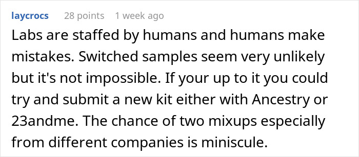 La persona cree que la prueba de ADN se mezcla debido a errores de laboratorio, lo que sugiere una repetición con ascendencia o 23andMe para obtener resultados precisos.