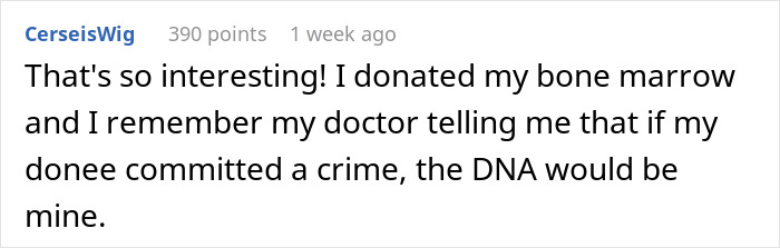 Person piensa que ADN Test mezcla, compartiendo una historia sobre donación de médula ósea e identidad de ADN en comentarios en línea.