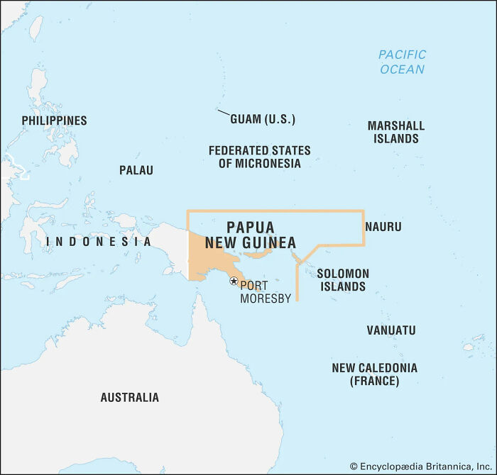 Mapa que muestra a Papua Nueva Guinea y las islas circundantes relevantes para la tribu indígena y el influencer Tiktok Definición de acrobacias.