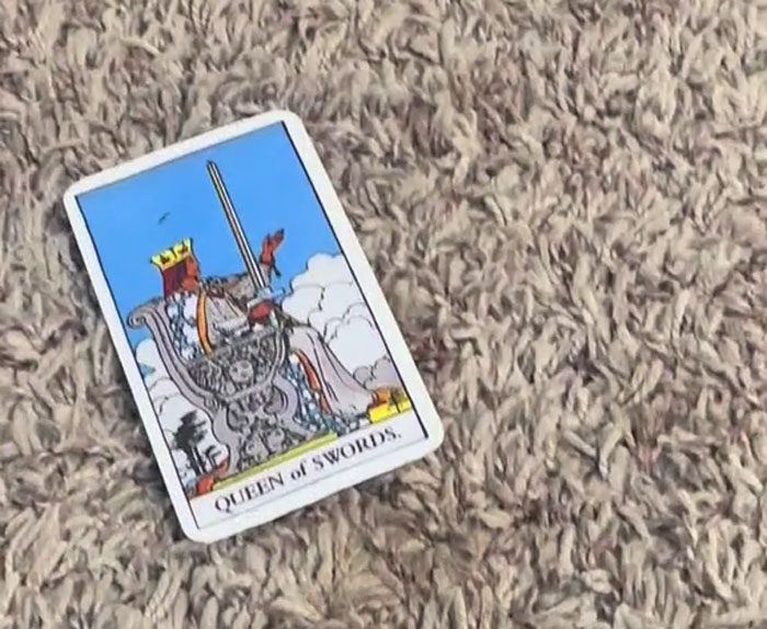 Tarot Card Queen of Swords on Carpet que representa talentos místicos vinculados a la historia de una mamá de gato de rescate negro.