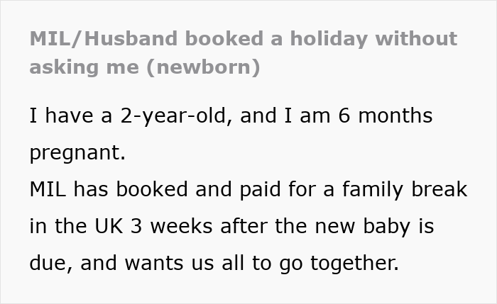Extracto de texto sobre una esposa embarazada que declina un viaje posparto mientras el esposo se ofrece a ir con el niño de 2 años.