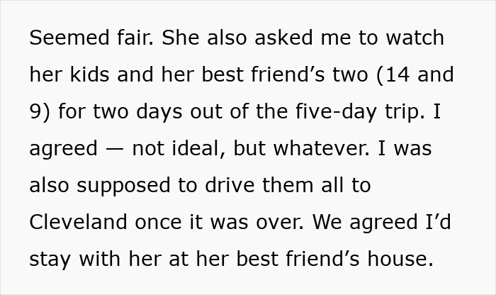 Extracto de texto que describe a una hermana secuestrando un viaje por carretera y esperando niños durante el viaje de cinco días.