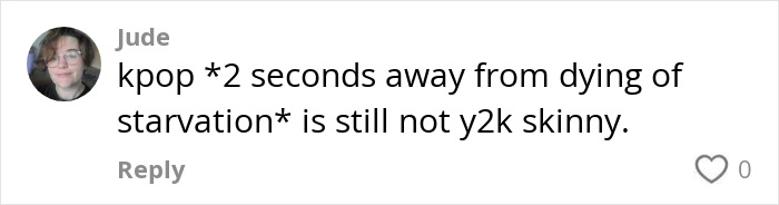 Captura de pantalla de un comentario en las redes sociales criticando la tendencia de la dieta delgada de Y2K de la Generación Z.