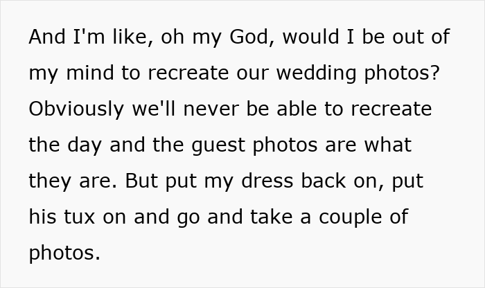 La mujer considera recrear fotos de bodas con vestido y esmoquin para mejorar las imágenes malas originales.
